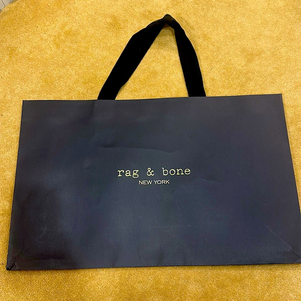RAG & BONE LARGE HEAVY DUTY SHOPPING BAG - TWO WIDE RIBBON HANDLES BLACK & GOLD